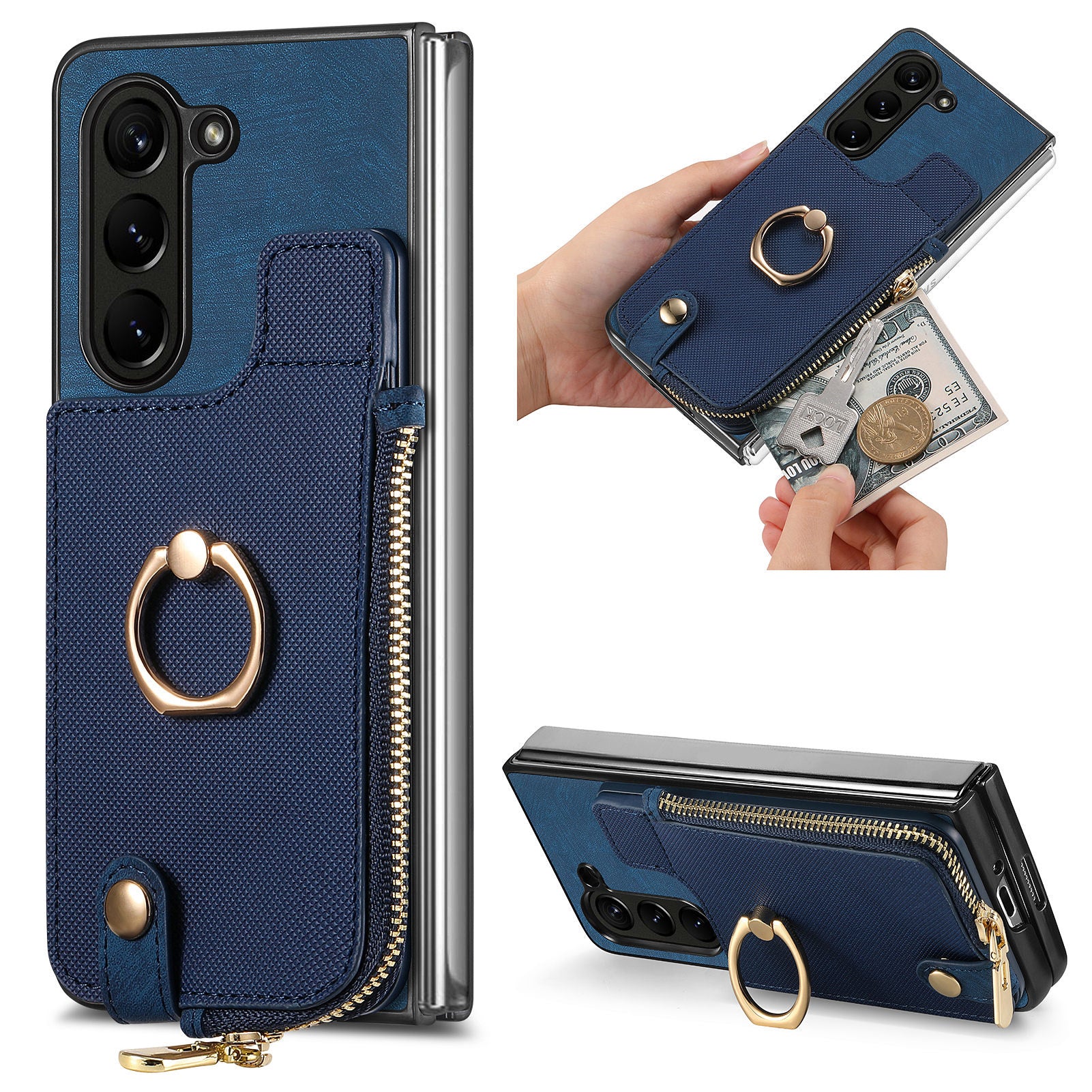 Retro Zipper Wallet Phone Case for Samsung Galaxy Z Fold5 5G PU PC Rotating Ring Kickstand Phone Shell Retro Zipper Wallet Phone Case for Samsung Galaxy Z Fold5 5G PU PC Rotating Ring Kickstand Phone Shell